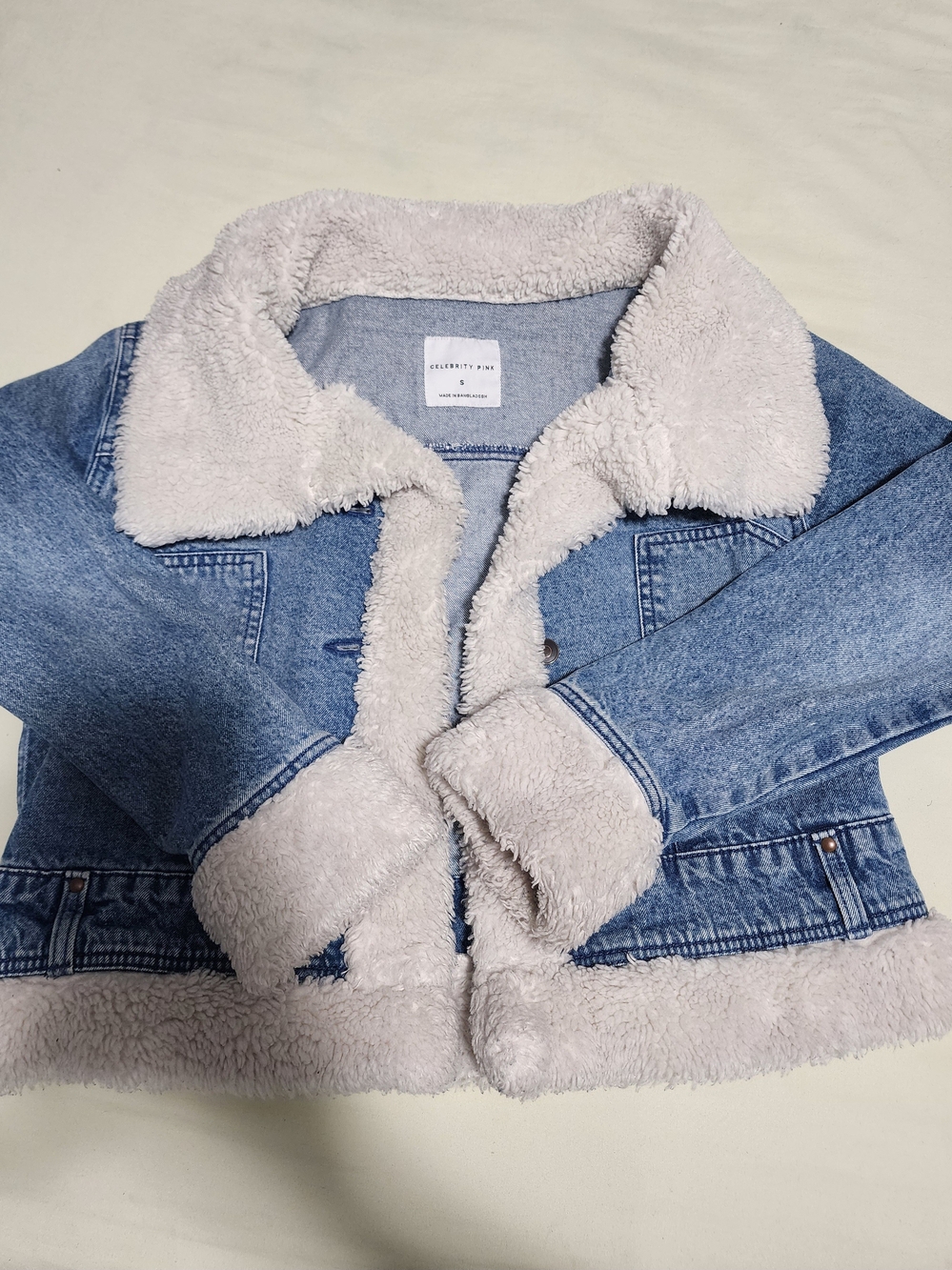 Celebrity Pink Light Blue Denim Jacket with Sherpa Trim